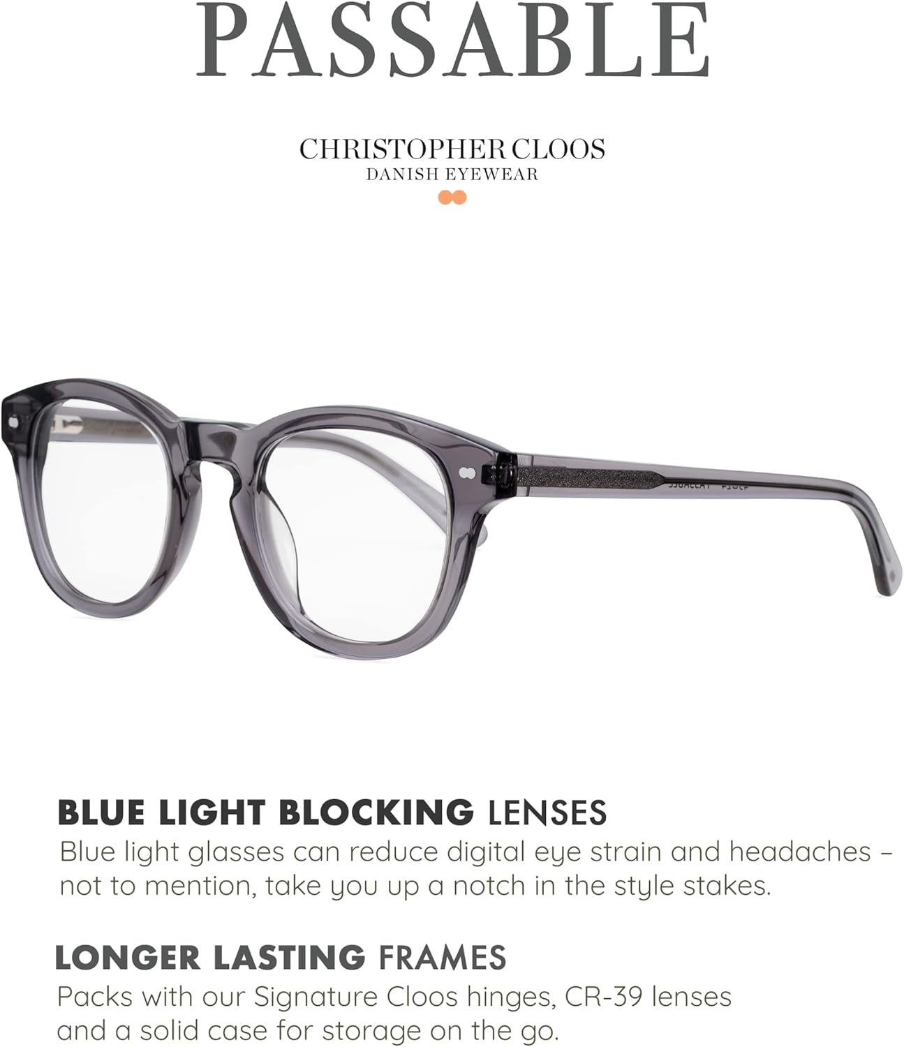 - Passable Grey Tonic - Danish Design Blue Light Glasses for Men & Women - Fashion Designer Glasses - Computer Glasses - Unisex - Non Prescription - Prescription Ready