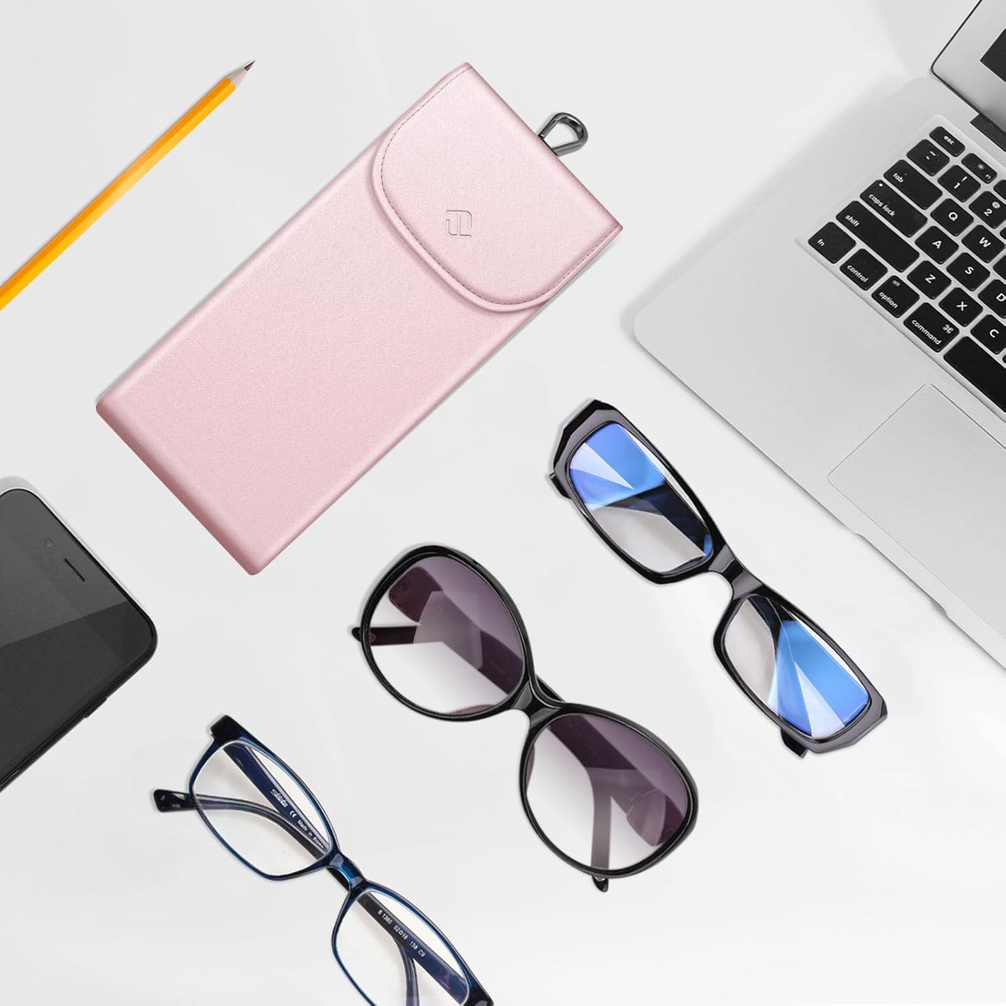 Double Glasses Case with Carabiner Hook, Portable Vegan Leather Eyeglass Case Anti-Scratch Sunglasses Pouch