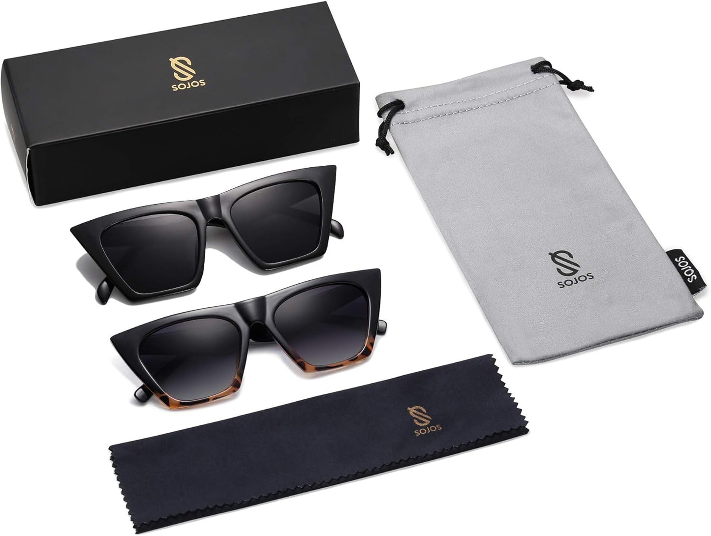 2 Pack Oversized Square Cateye Polarized Sunglasses Big Trendy Style Sunnies SJ2115, Black & Leopard