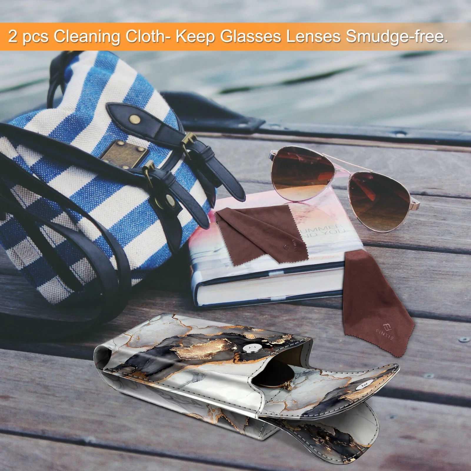 Double Glasses Case with Carabiner Hook, Portable Vegan Leather Eyeglass Case Anti-Scratch Sunglasses Pouch, Cloudy Marble