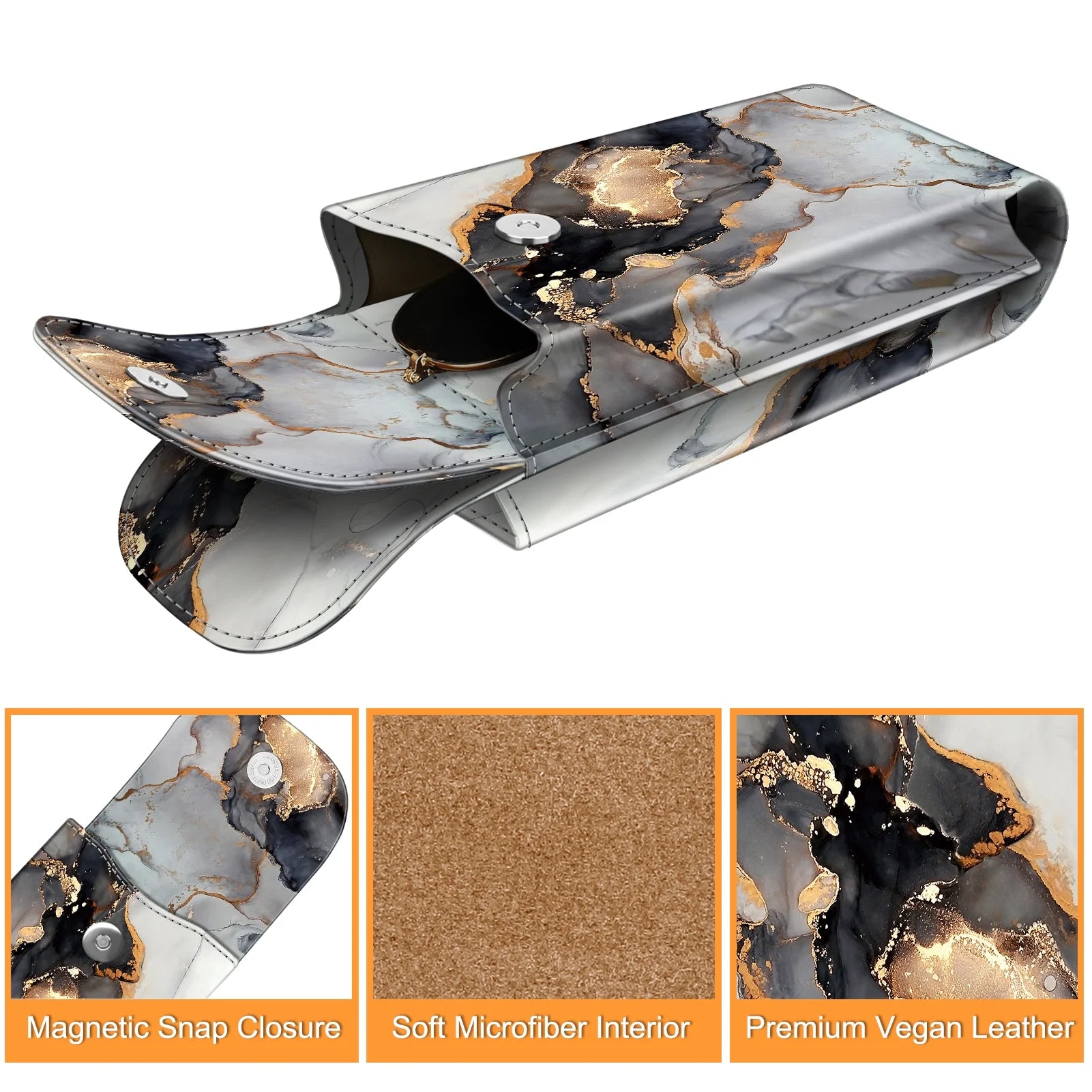 Double Glasses Case with Carabiner Hook, Portable Vegan Leather Eyeglass Case Anti-Scratch Sunglasses Pouch, Cloudy Marble