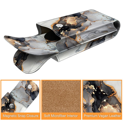 Double Glasses Case with Carabiner Hook, Portable Vegan Leather Eyeglass Case Anti-Scratch Sunglasses Pouch, Cloudy Marble