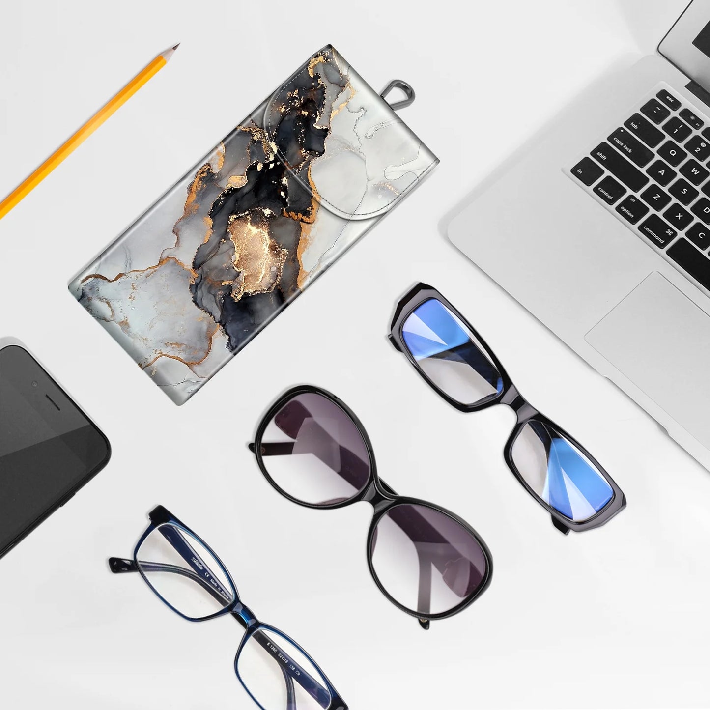 Double Glasses Case with Carabiner Hook, Portable Vegan Leather Eyeglass Case Anti-Scratch Sunglasses Pouch, Cloudy Marble
