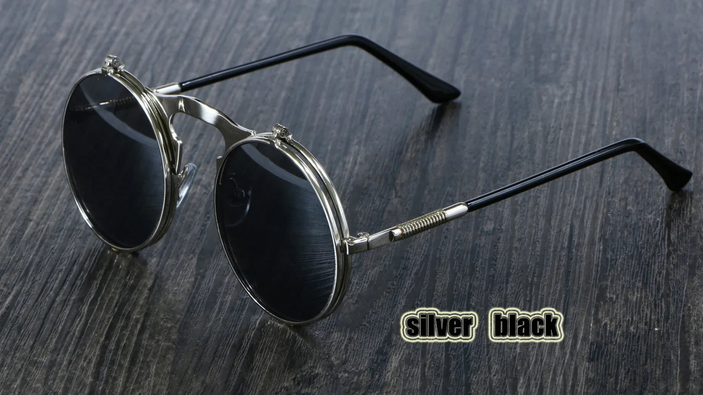 3057 Steampunk Sunglasses round Metal Women Style Retro Flip Circular Double Metal Sun Glasses Men CIRCLE SUN GLASSES
