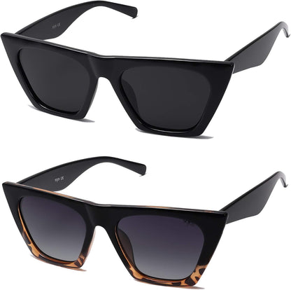 2 Pack Oversized Square Cateye Polarized Sunglasses Big Trendy Style Sunnies SJ2115, Black & Leopard