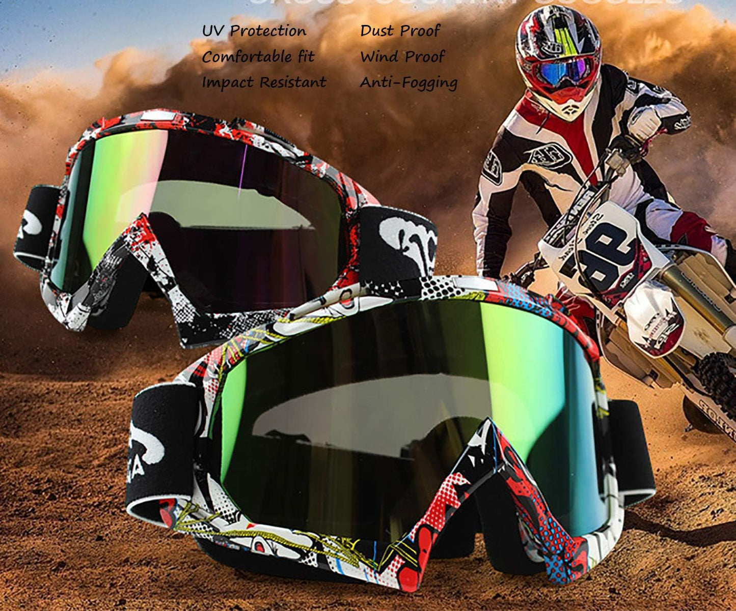 Excite Bike Goggles Dirt Bike off Road Motocross Motorcycle Motorbike Safety Glasses anti UV Anti-Scratch Dustproof Windproof Cycling Racing Riding Skiing for Men Women Kids Adults Ql036-Tinted KG3