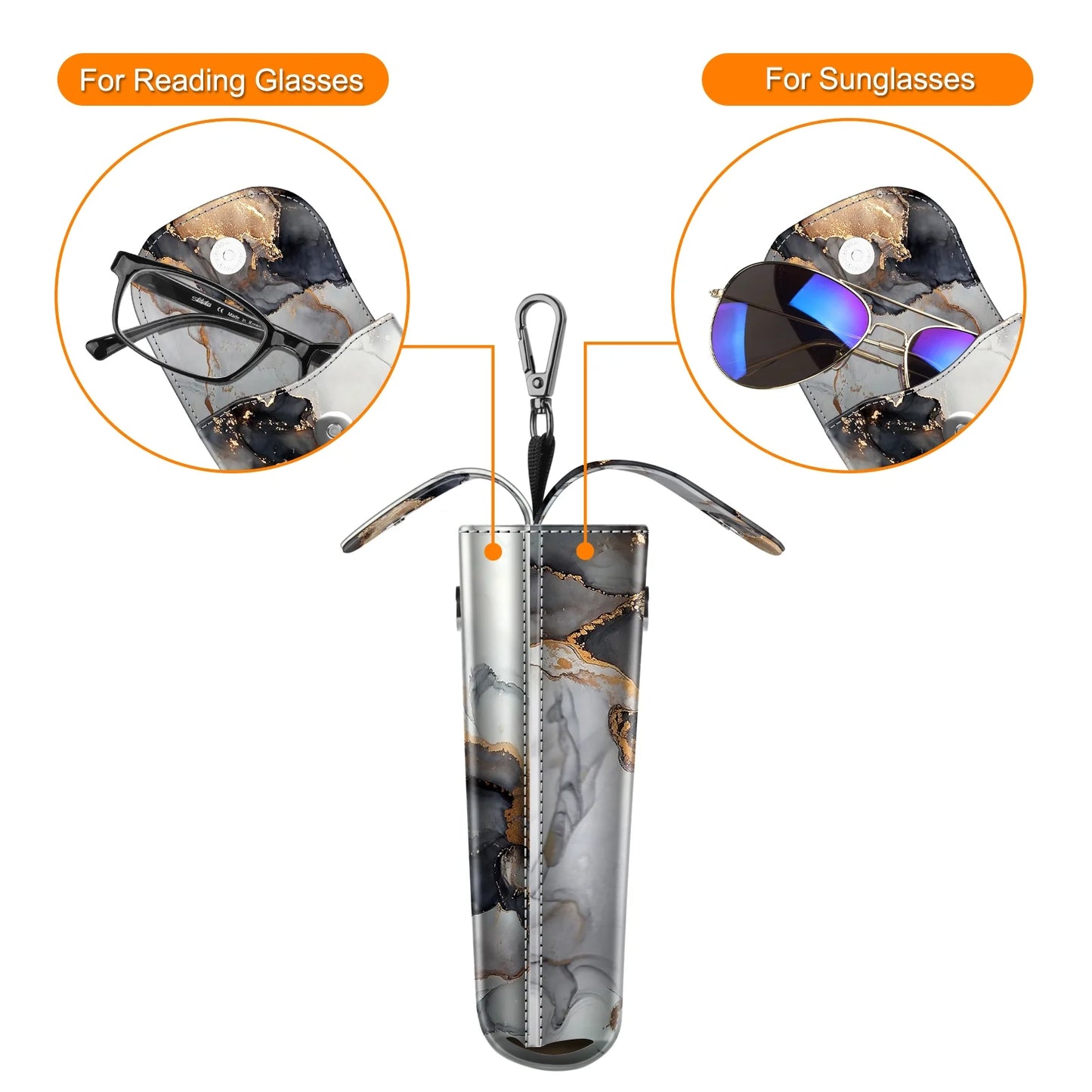 Double Glasses Case with Carabiner Hook, Portable Vegan Leather Eyeglass Case Anti-Scratch Sunglasses Pouch, Cloudy Marble