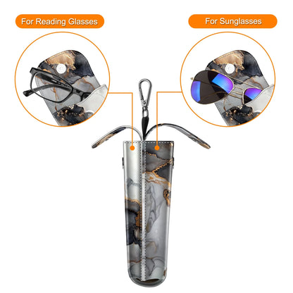 Double Glasses Case with Carabiner Hook, Portable Vegan Leather Eyeglass Case Anti-Scratch Sunglasses Pouch, Cloudy Marble