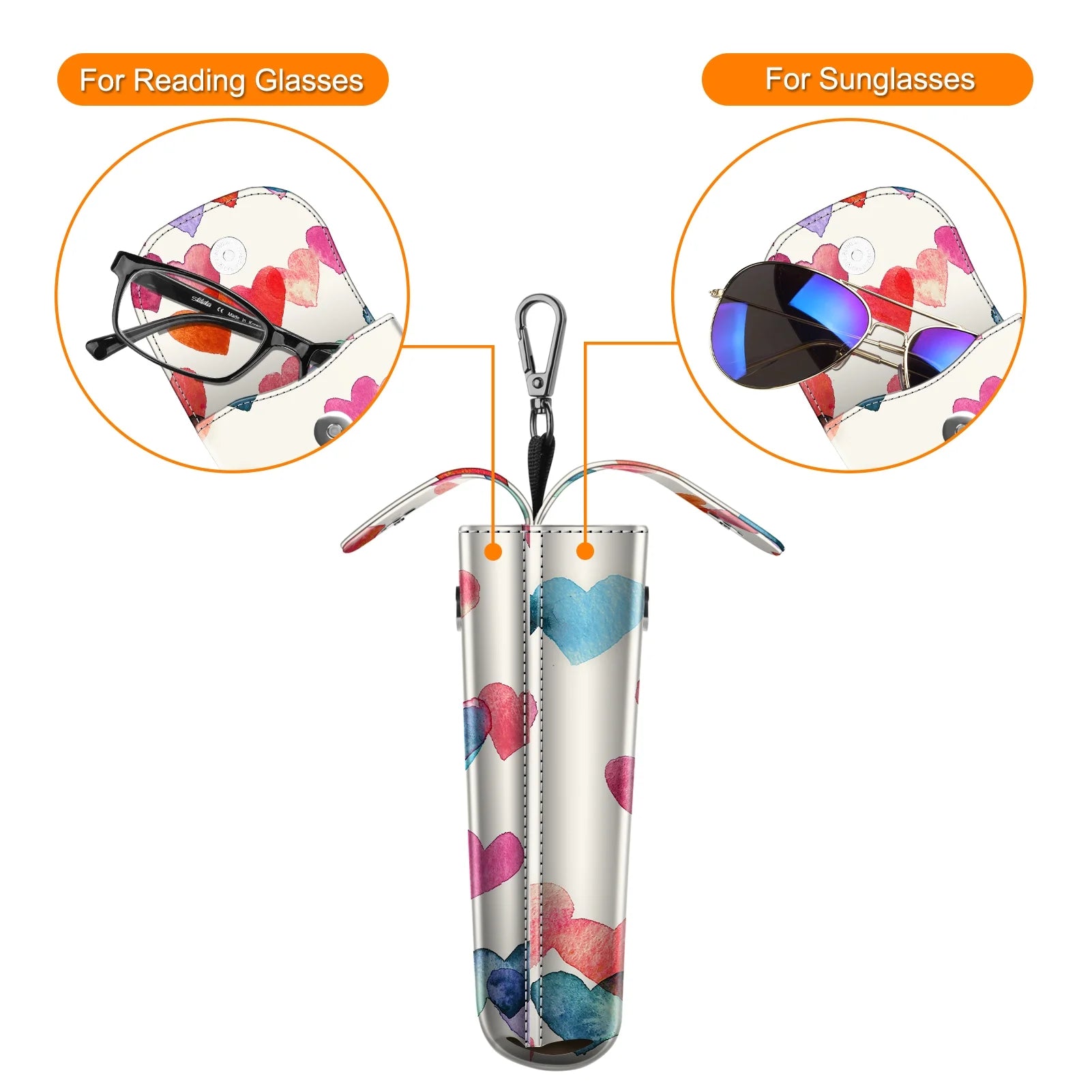 Double Glasses Case with Carabiner Hook, Portable Vegan Leather Eyeglass Case Anti-Scratch Sunglasses Pouch, Cloudy Marble