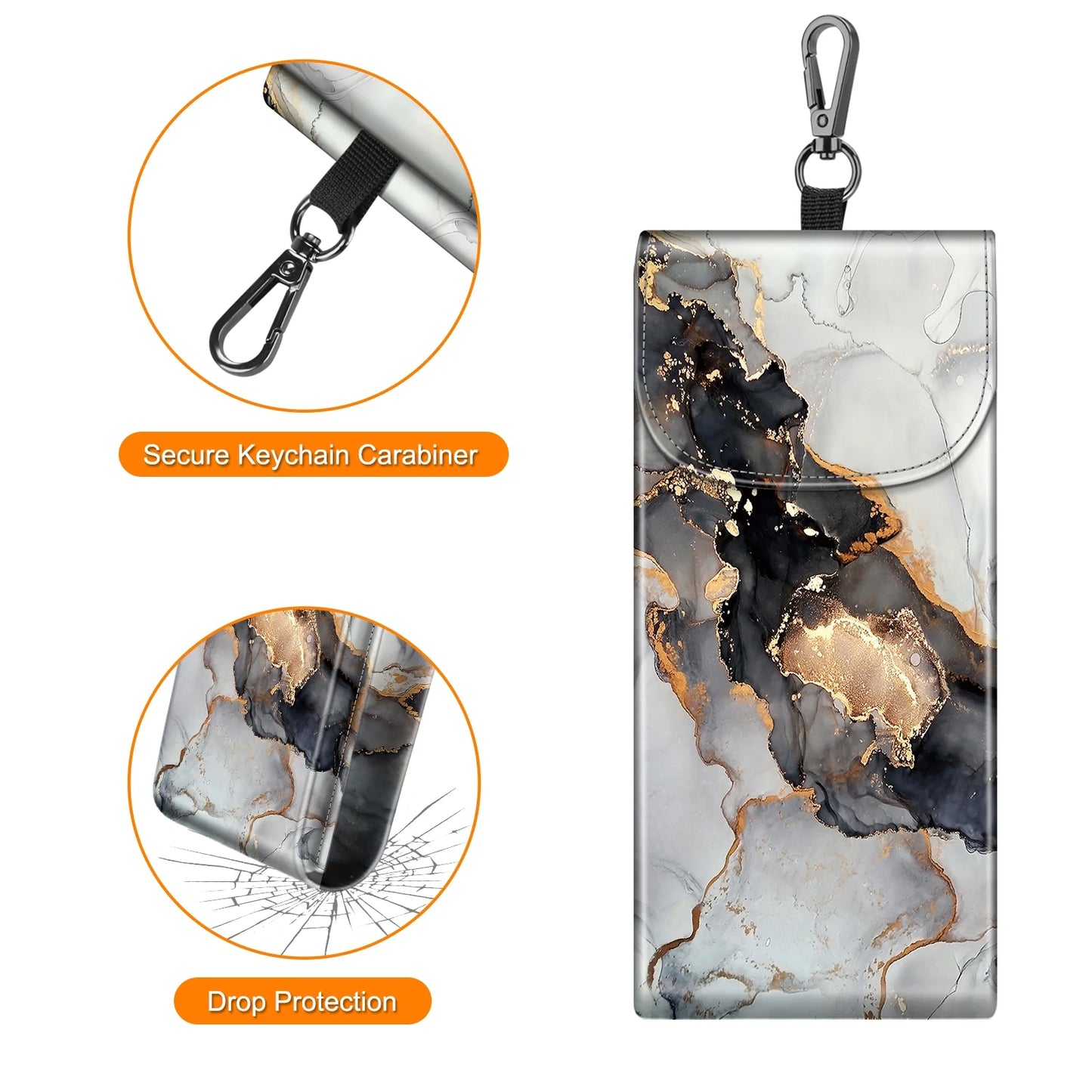 Double Glasses Case with Carabiner Hook, Portable Vegan Leather Eyeglass Case Anti-Scratch Sunglasses Pouch, Cloudy Marble