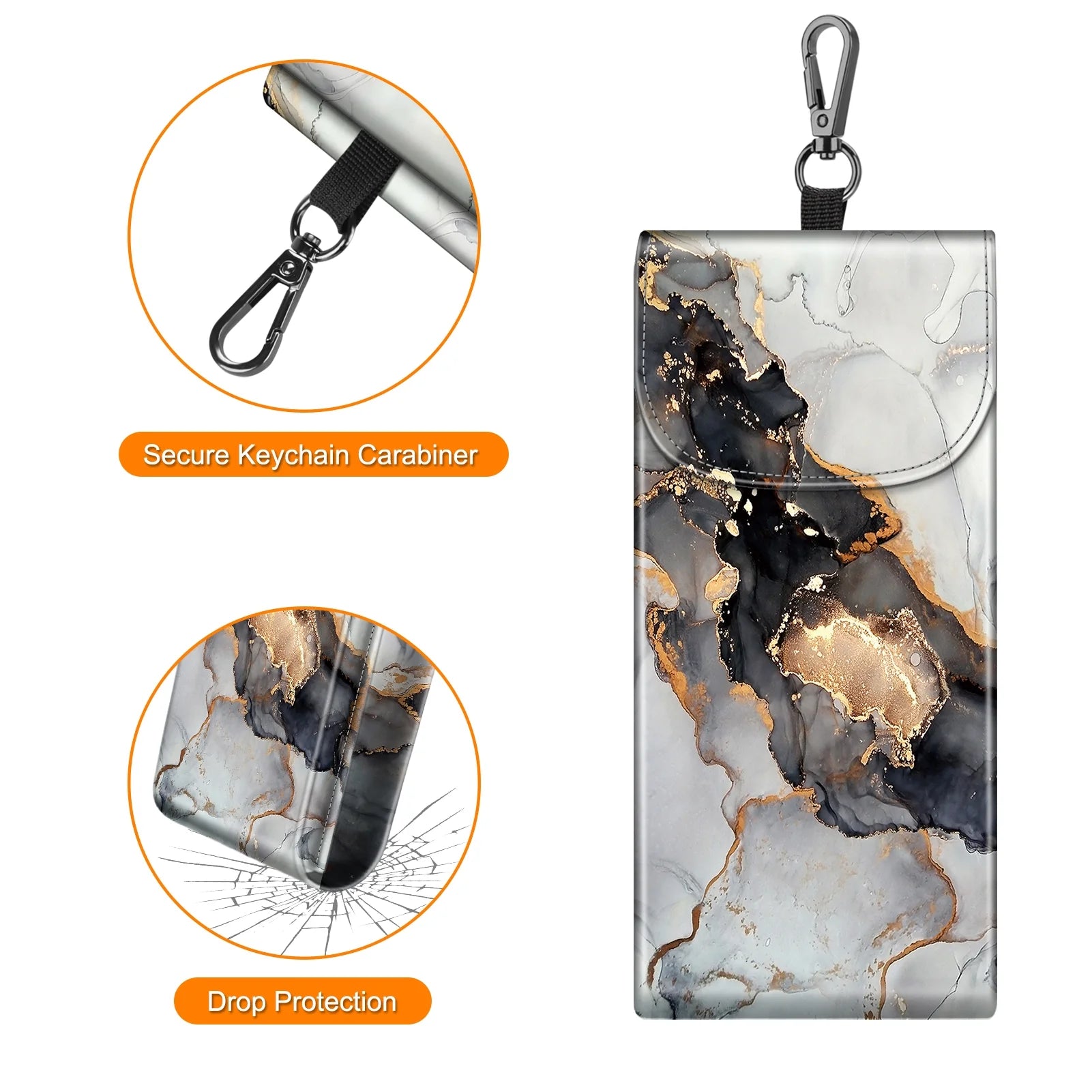 Double Glasses Case with Carabiner Hook, Portable Vegan Leather Eyeglass Case Anti-Scratch Sunglasses Pouch, Cloudy Marble