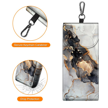 Double Glasses Case with Carabiner Hook, Portable Vegan Leather Eyeglass Case Anti-Scratch Sunglasses Pouch, Cloudy Marble