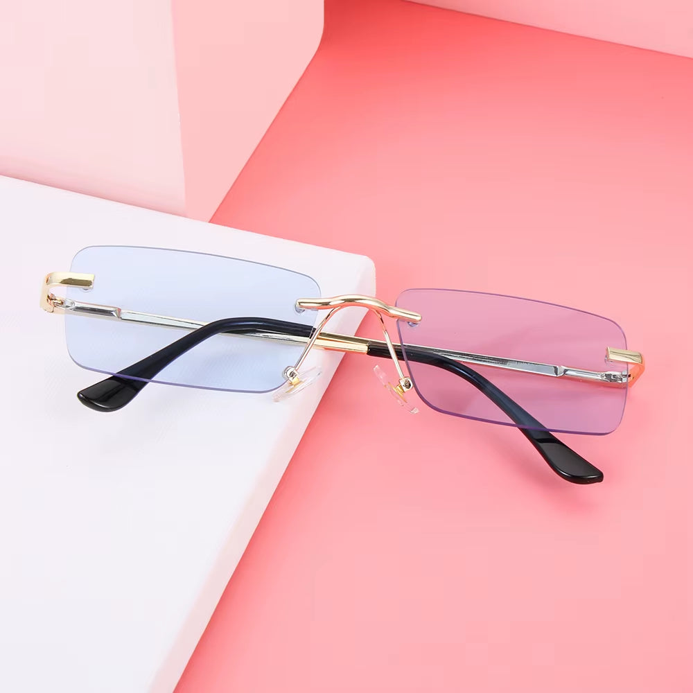 Traveling Style Mountaineering Sunglasses for Men Women UV400 Shades Rectangle Rimless Eyeglasses Gradient Colors Eyewear