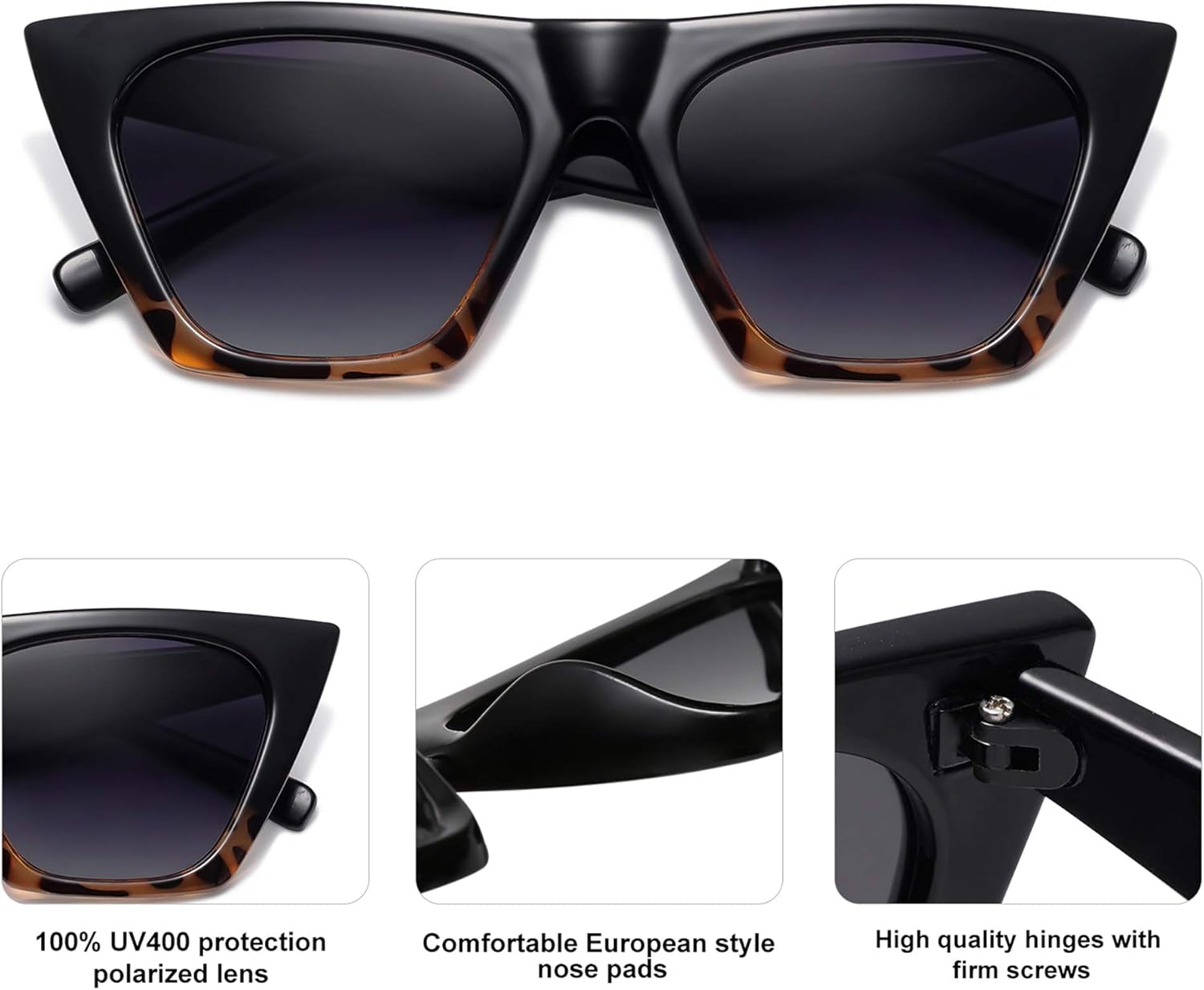 2 Pack Oversized Square Cateye Polarized Sunglasses Big Trendy Style Sunnies SJ2115, Black & Leopard