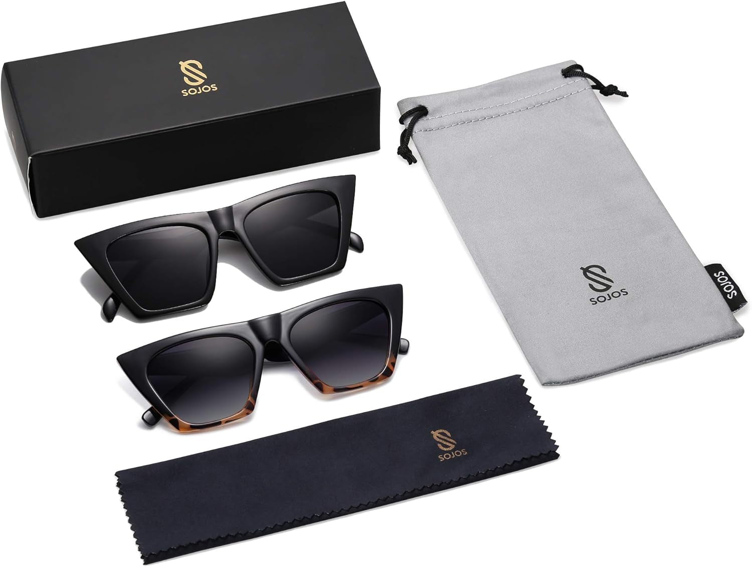 2 Pack Oversized Square Cateye Polarized Sunglasses Big Trendy Style Sunnies SJ2115, Black & Leopard