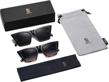 2 Pack Oversized Square Cateye Polarized Sunglasses Big Trendy Style Sunnies SJ2115, Black & Leopard