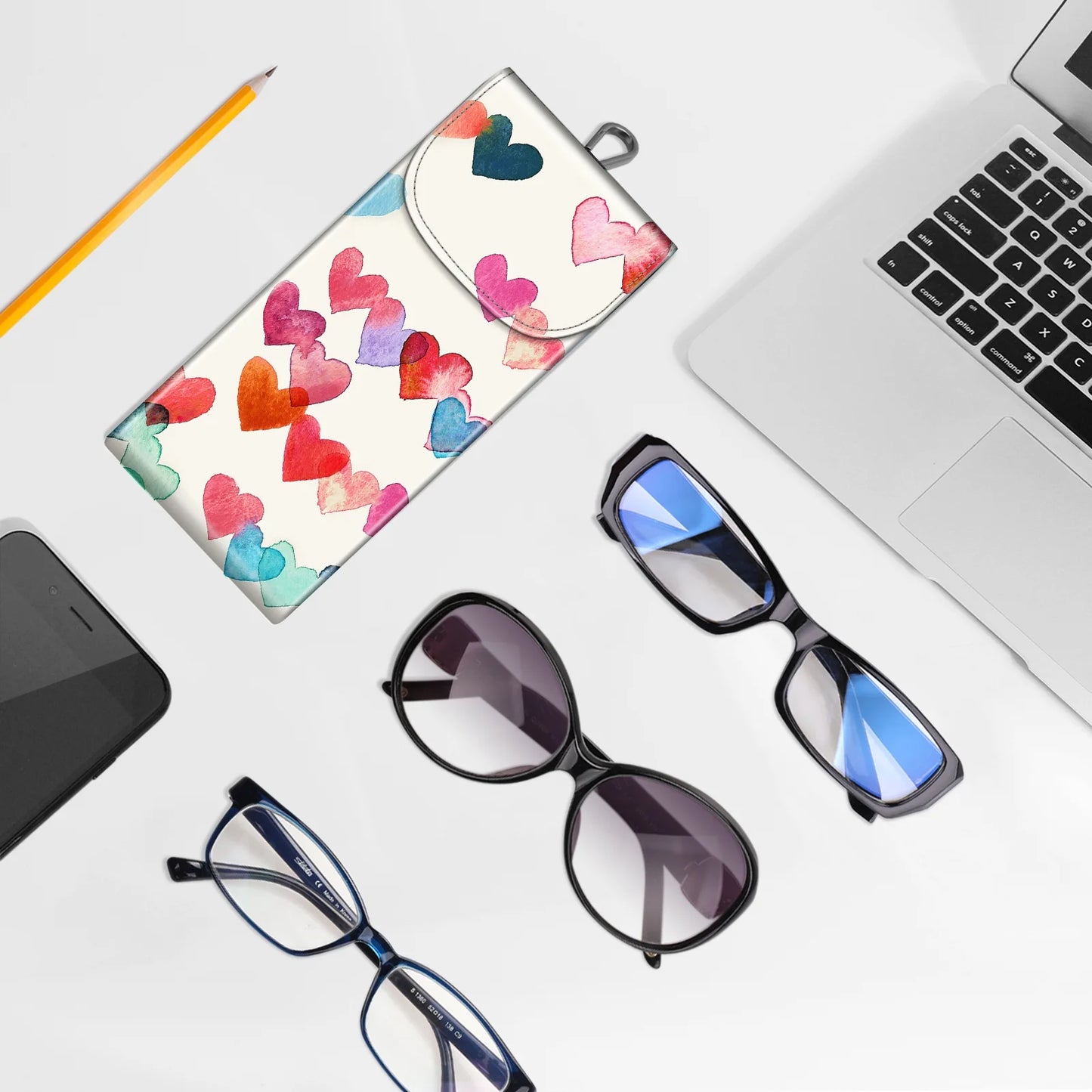 Double Glasses Case with Carabiner Hook, Portable Vegan Leather Eyeglass Case Anti-Scratch Sunglasses Pouch, Cloudy Marble