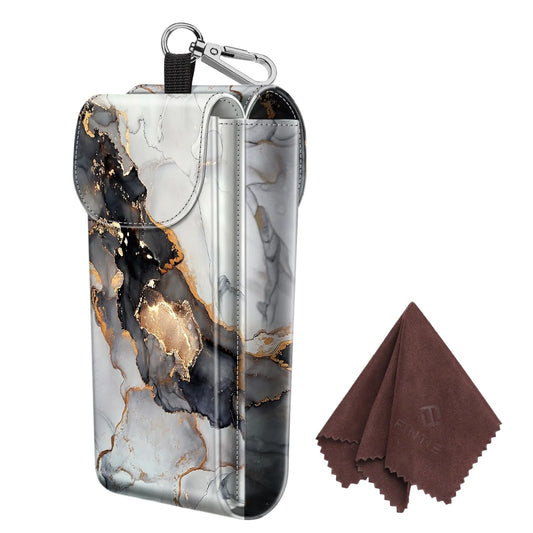 Double Glasses Case with Carabiner Hook, Portable Vegan Leather Eyeglass Case Anti-Scratch Sunglasses Pouch, Cloudy Marble