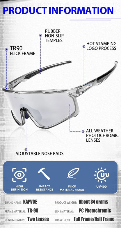1 Glasses with 2 Modes Photochromic Polarized Cycling Goggles 2 Lens Bike MTB Bicycle Sunglasses Sport Fishing Running Glasses